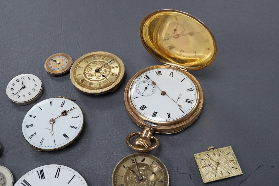 A gold plated Waltham hunter keyless pocket watch, with Roman dal and subsidiary seconds, case diameter 50mm, together with a group of wrist pocket and fob watch movements, etc.
